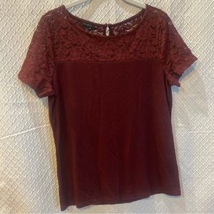 Talbots short sleeve button back blouse. Lace detailing. Maroon. Medium. NWOT.